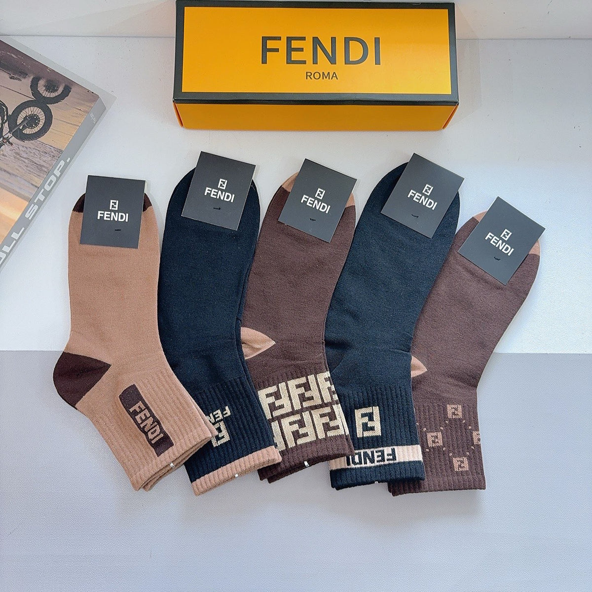 Fendi Cotton Crew Socks – 5-Pair Set #004