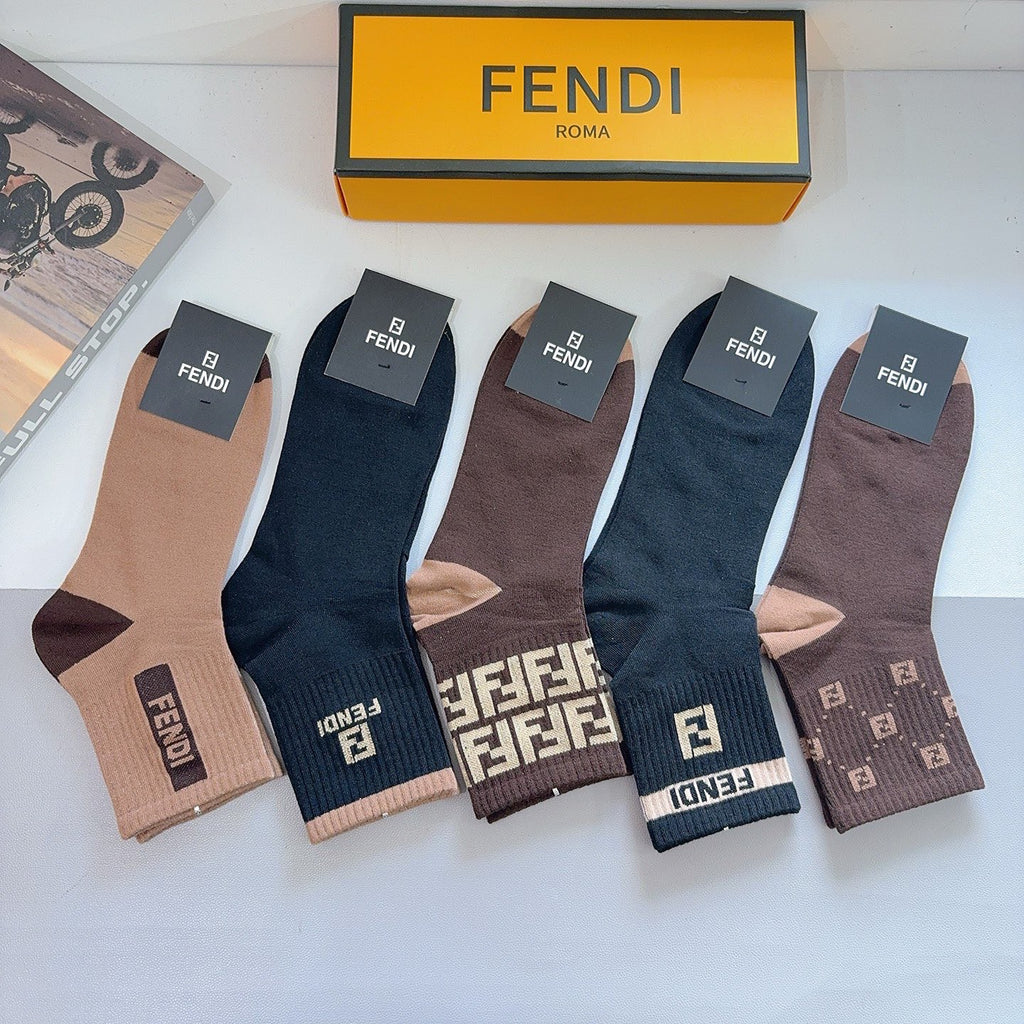 Fendi Cotton Crew Socks – 5-Pair Set #004