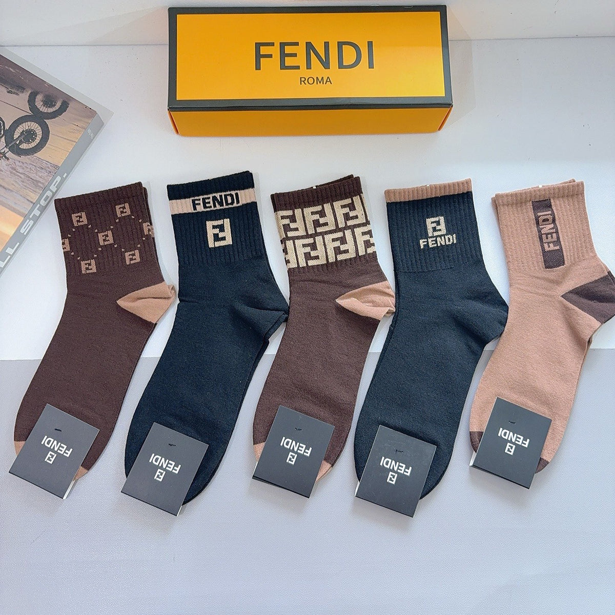 Fendi Cotton Crew Socks – 5-Pair Set #004