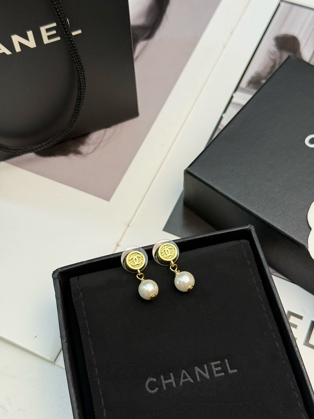 CHANEL Pearl Gold-Tone Earrings