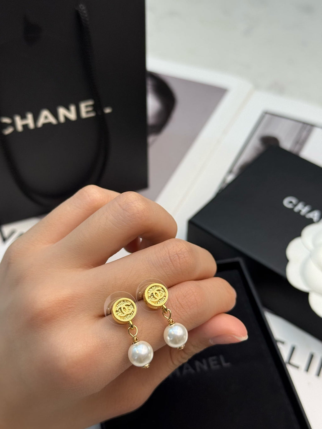 CHANEL Pearl Gold-Tone Earrings