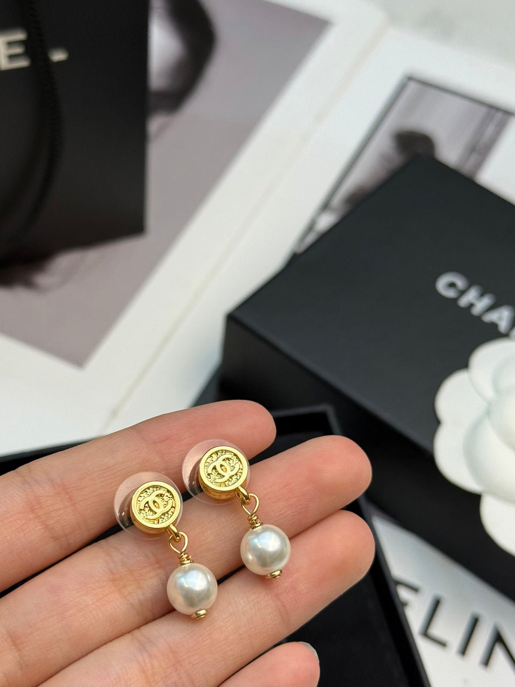 CHANEL Pearl Gold-Tone Earrings