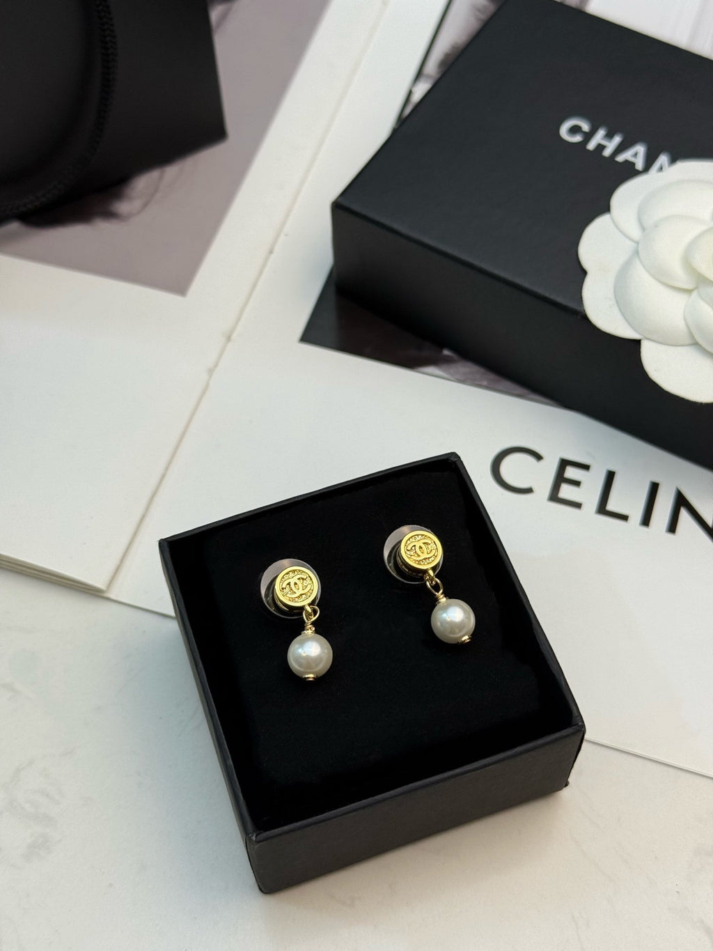 CHANEL Pearl Gold-Tone Earrings