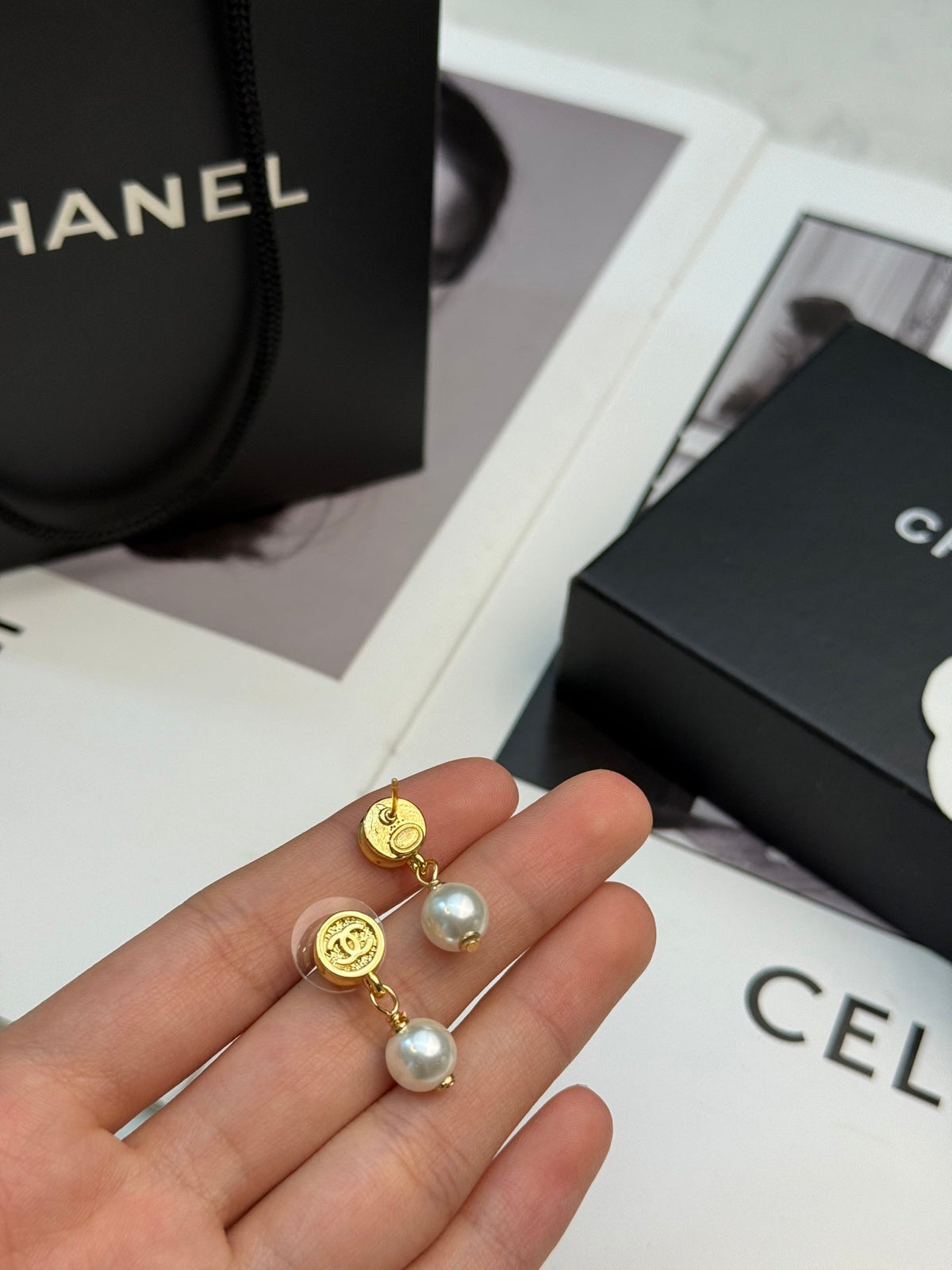 CHANEL Pearl Gold-Tone Earrings