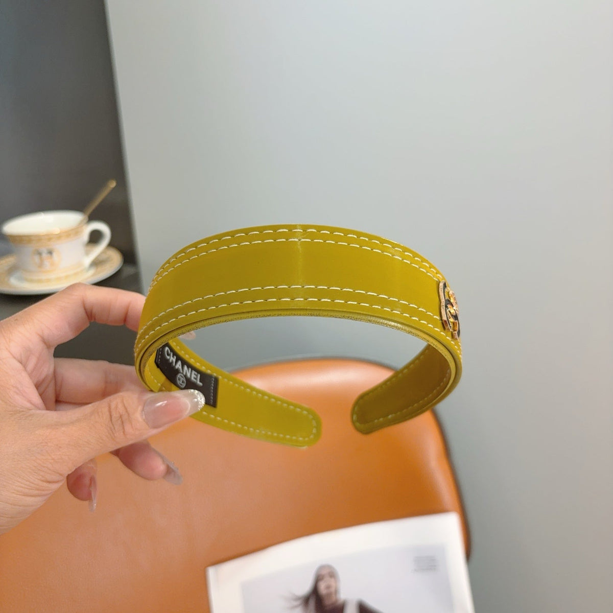 CHANEL Letter Logo Leather Metal Headband