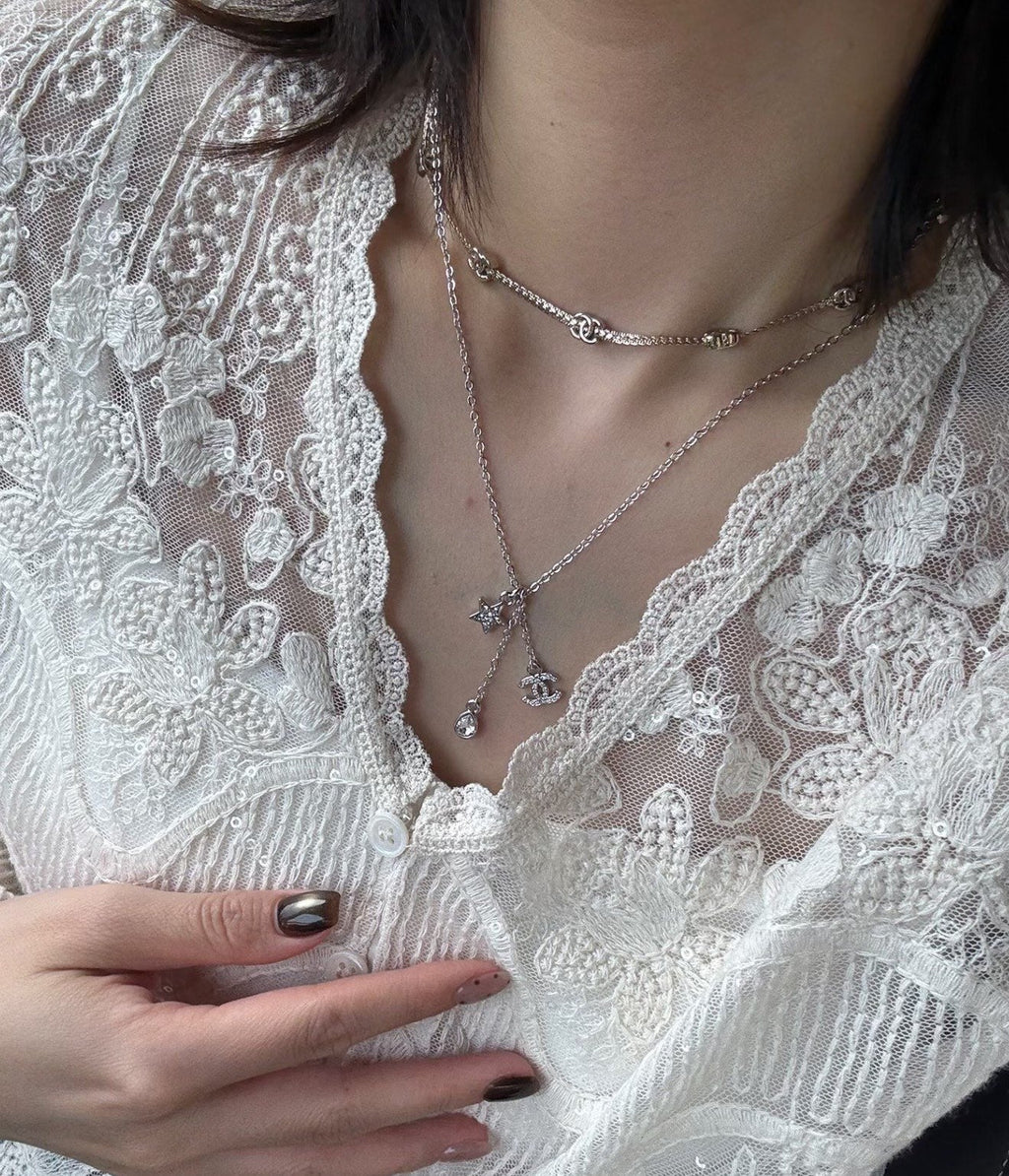 CHANEL Pearl Crystal Double-C Pendant Necklace