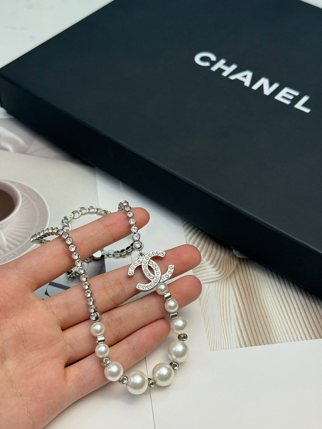 CHANEL Pearl Crystal Double-C Necklace