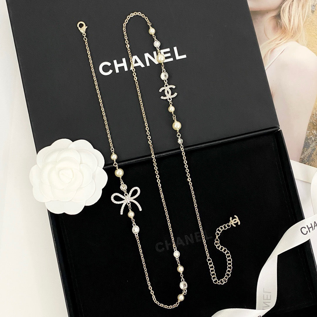 CHANEL Pearl Double-C Bow Long Necklace