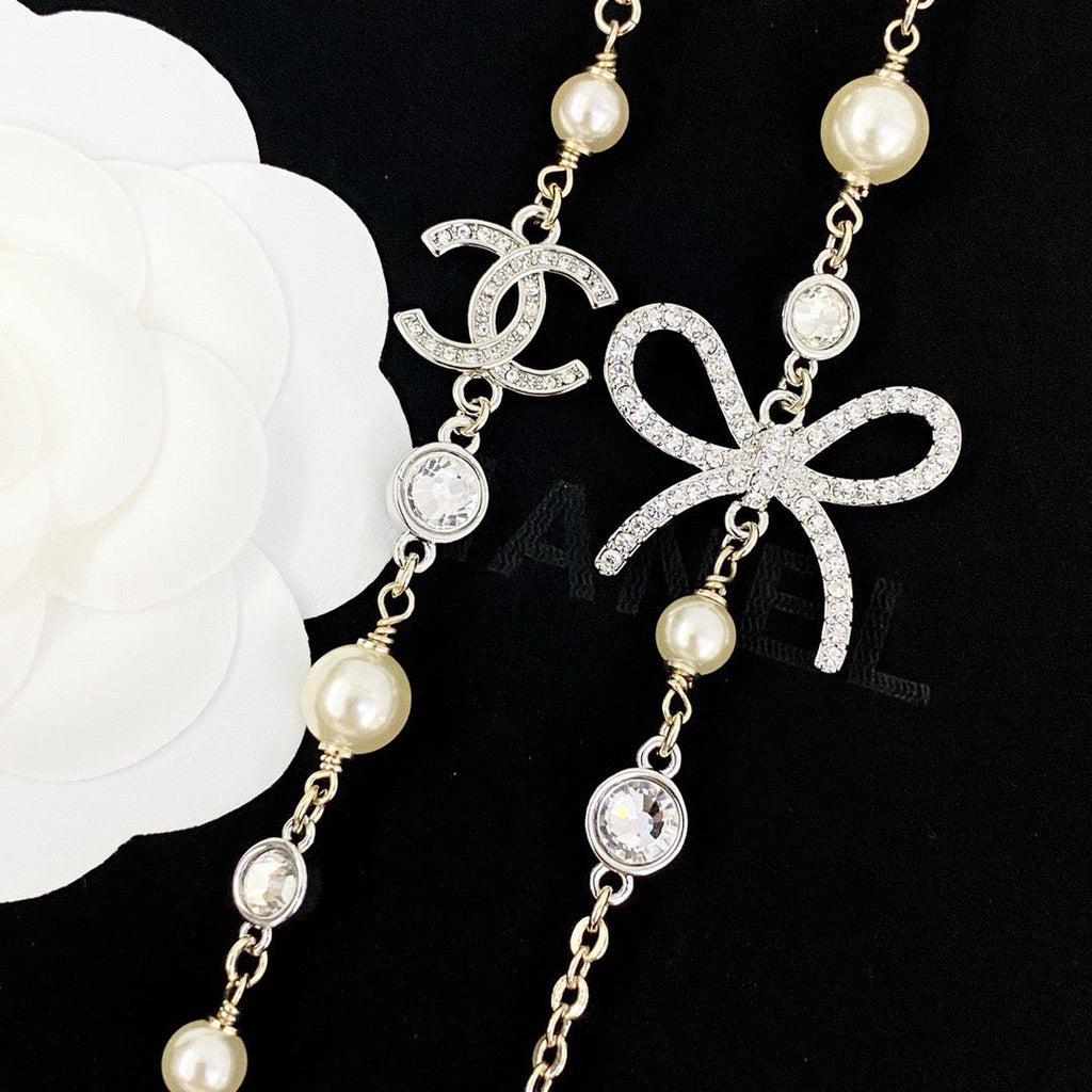 CHANEL Pearl Double-C Bow Long Necklace