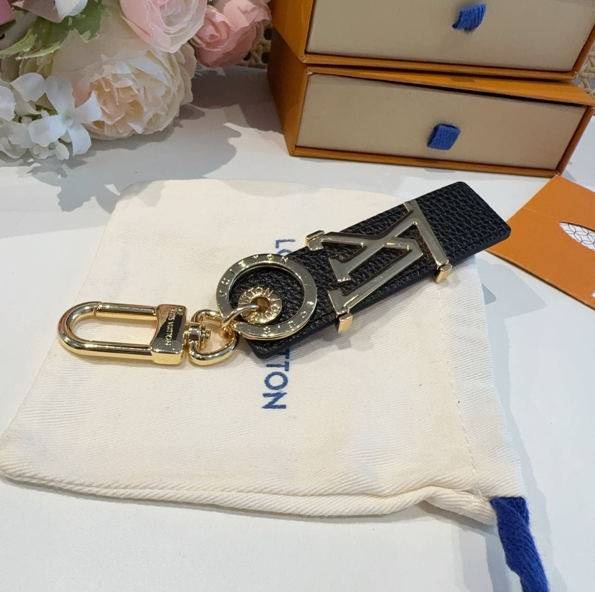 LOUIS VUITTON Leather Metal Bag Charm Keychain