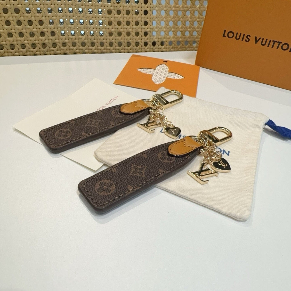 LOUIS VUITTON Leather Canvas Bag Charm Keychain