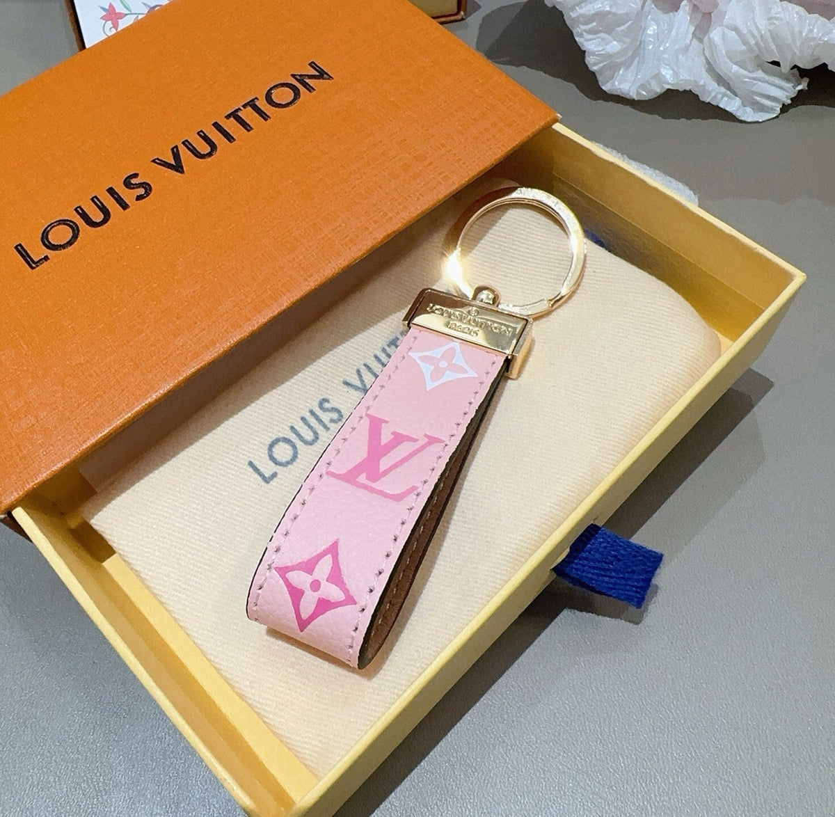LOUIS VUITTON Leather Canvas Bag Charm Keychain