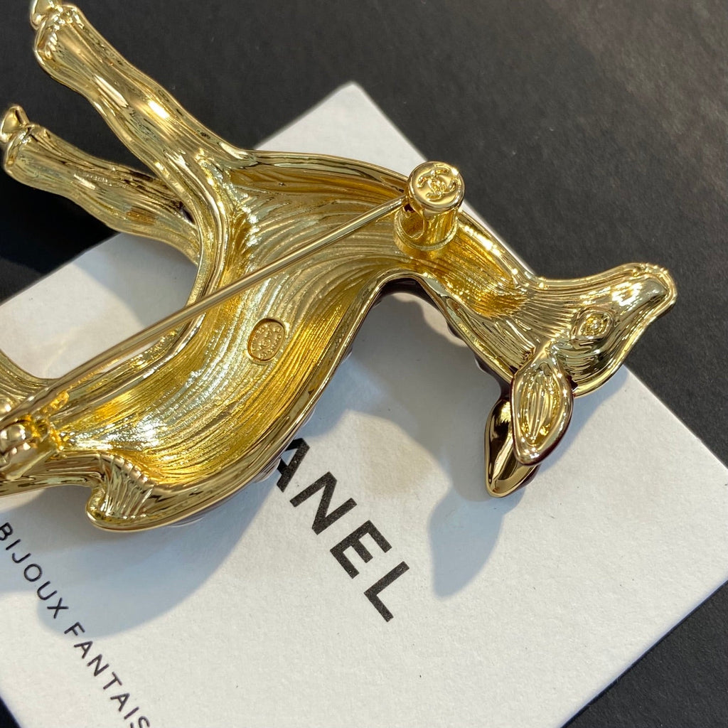 CHANEL Enamel Gold-Tone Vintage Deer Brooch