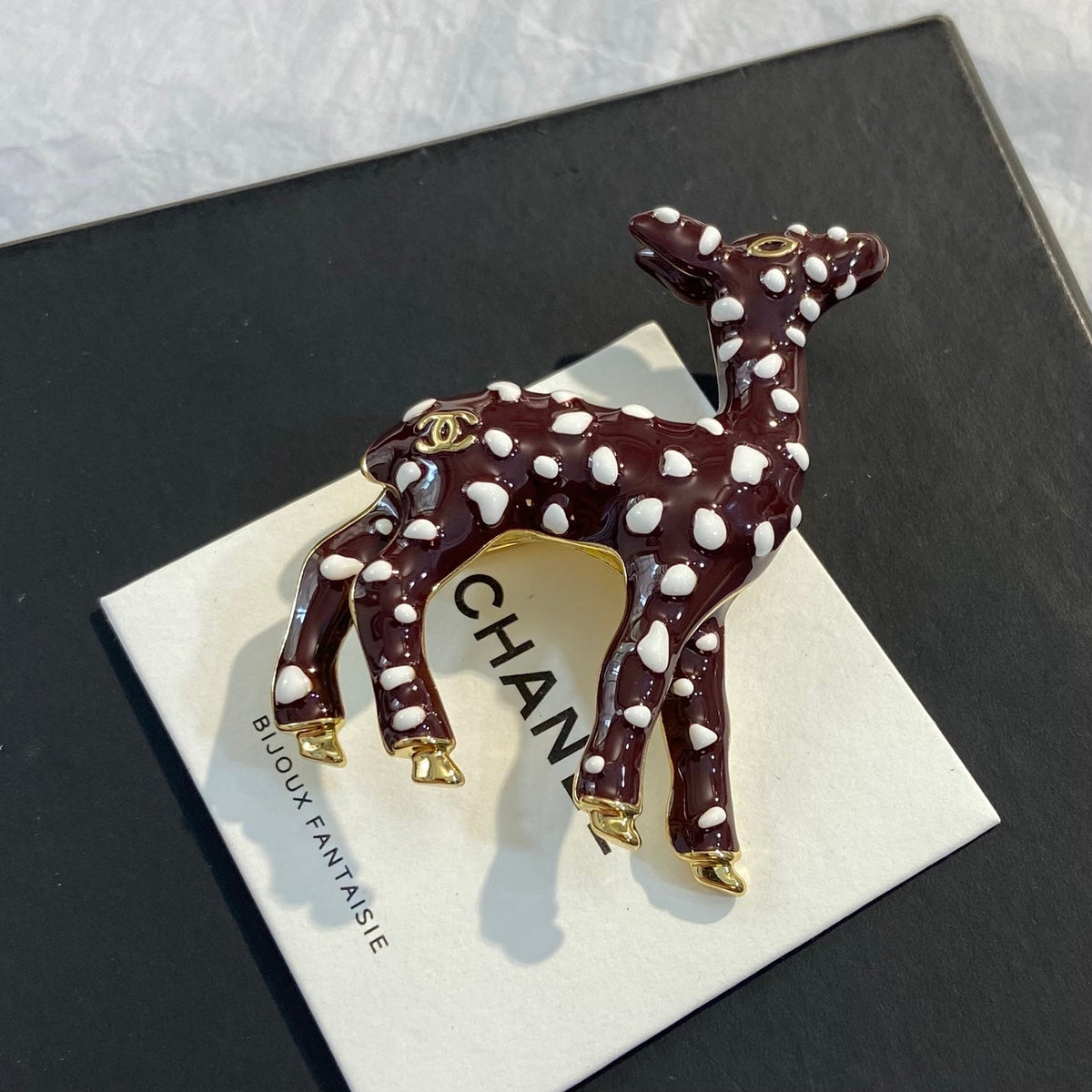 CHANEL Enamel Gold-Tone Vintage Deer Brooch