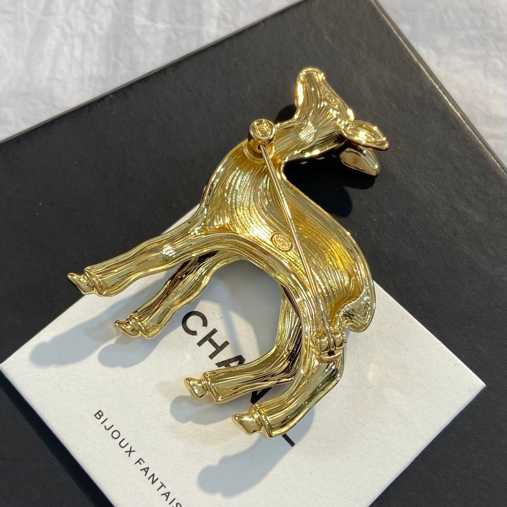 CHANEL Enamel Gold-Tone Vintage Deer Brooch