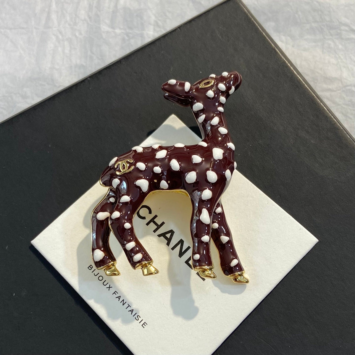 CHANEL Enamel Gold-Tone Vintage Deer Brooch
