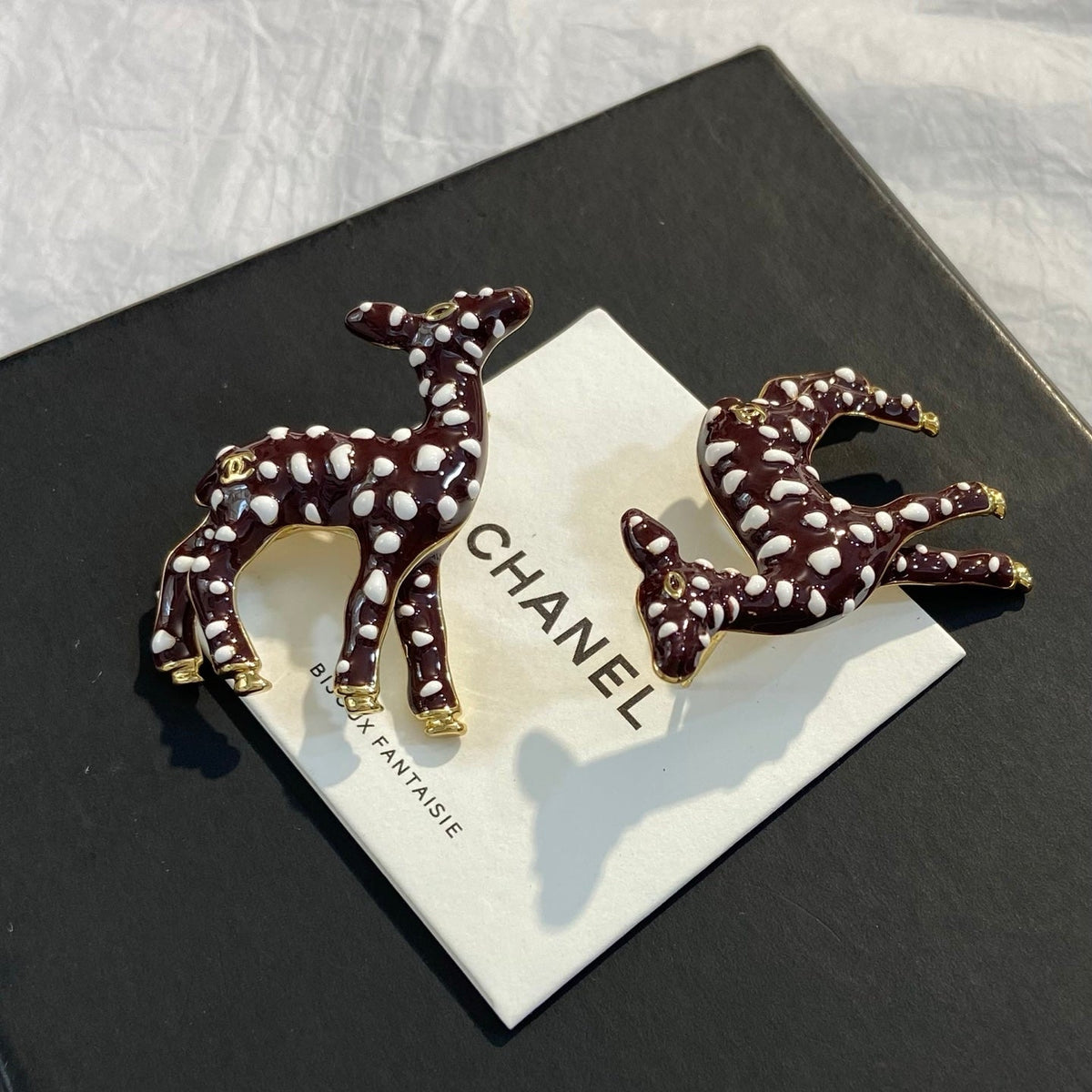 CHANEL Enamel Gold-Tone Vintage Deer Earrings