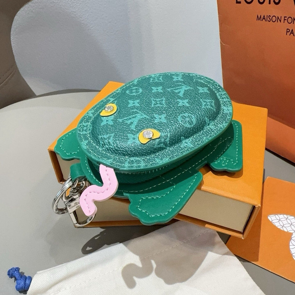 LOUIS VUITTON Leather Canvas Bag Charm Keychain