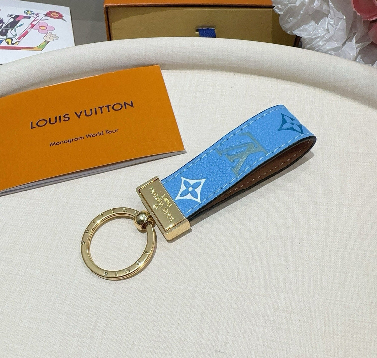 LOUIS VUITTON Leather Canvas Bag Charm Keychain