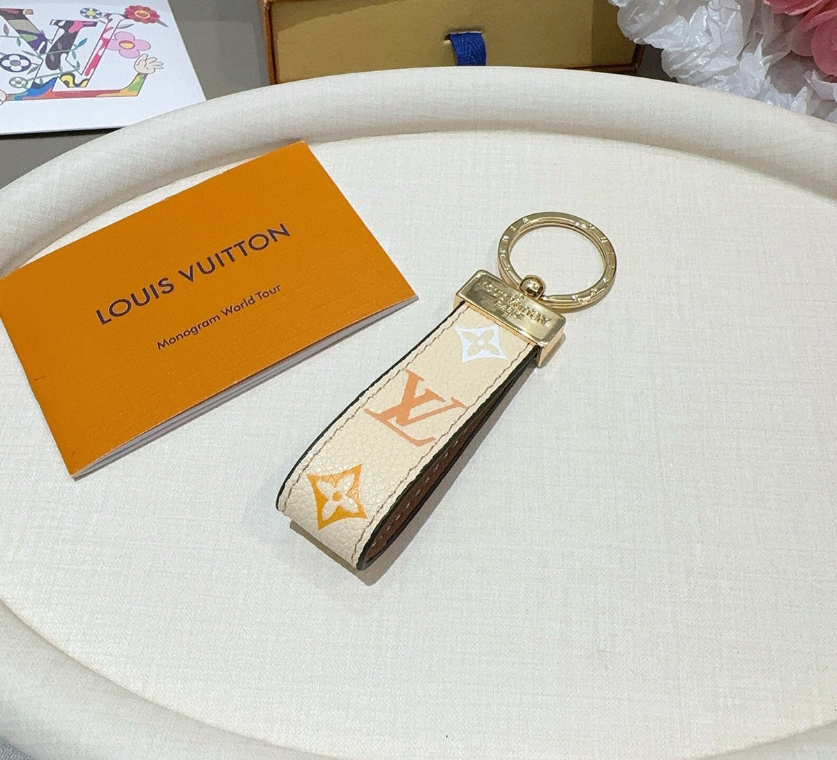 LOUIS VUITTON Leather Canvas Bag Charm Keychain