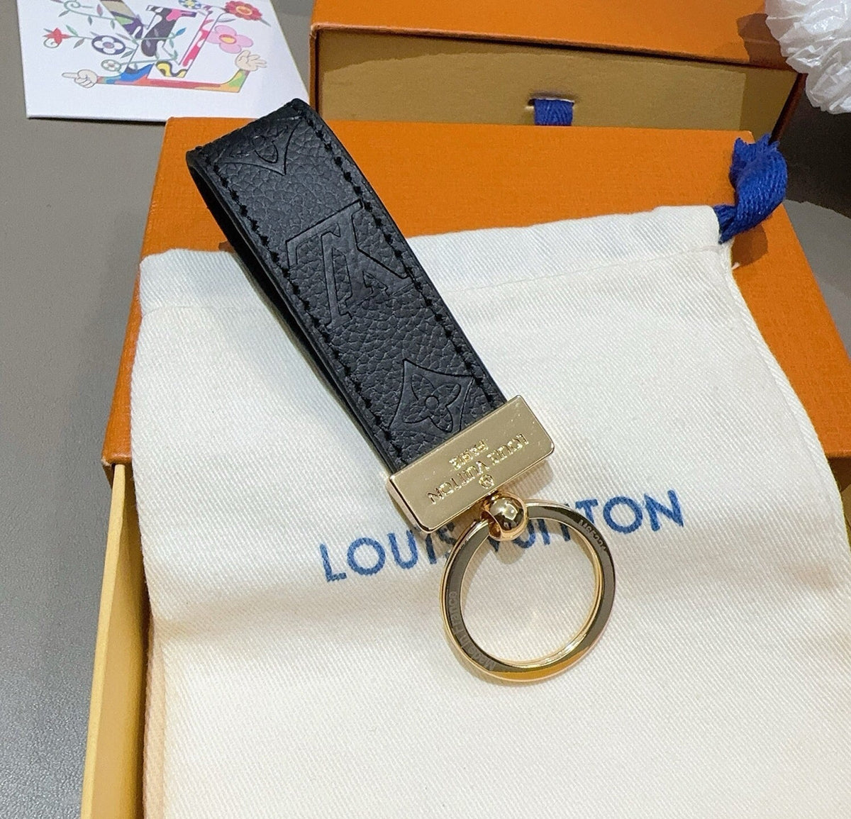 LOUIS VUITTON Leather Canvas Bag Charm Keychain
