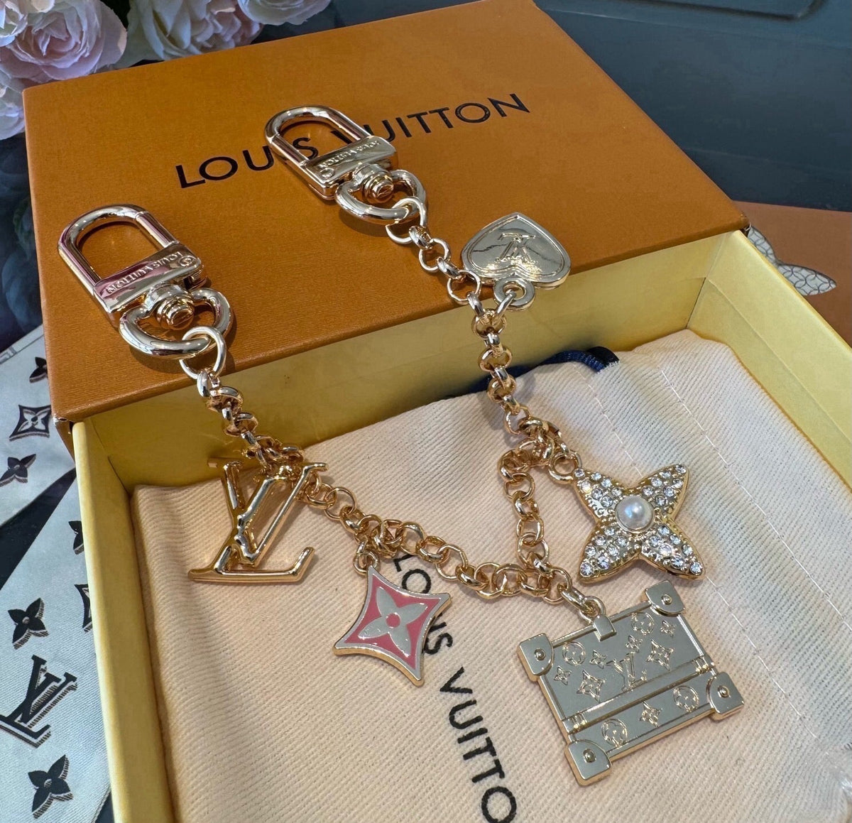 LOUIS VUITTON Canvas Cherry Blossom Bag Charm Keychain