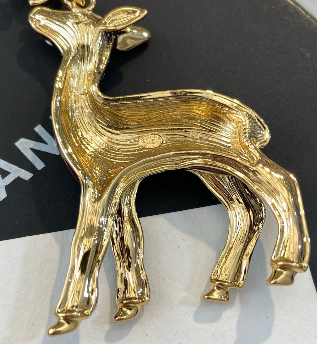 CHANEL Enamel Gold-Tone Vintage Deer Brooch