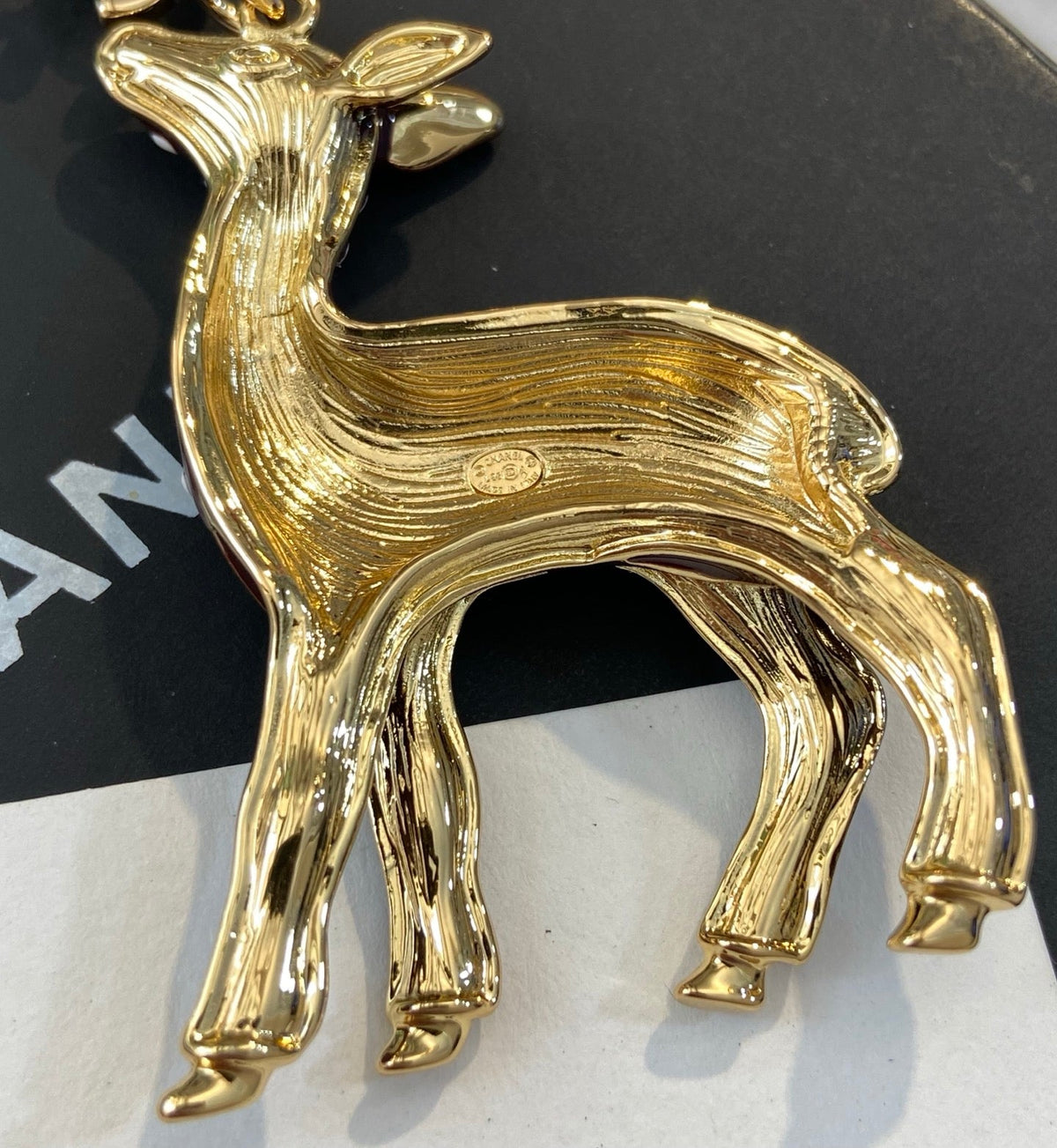 CHANEL Enamel Gold-Tone Vintage Deer Brooch