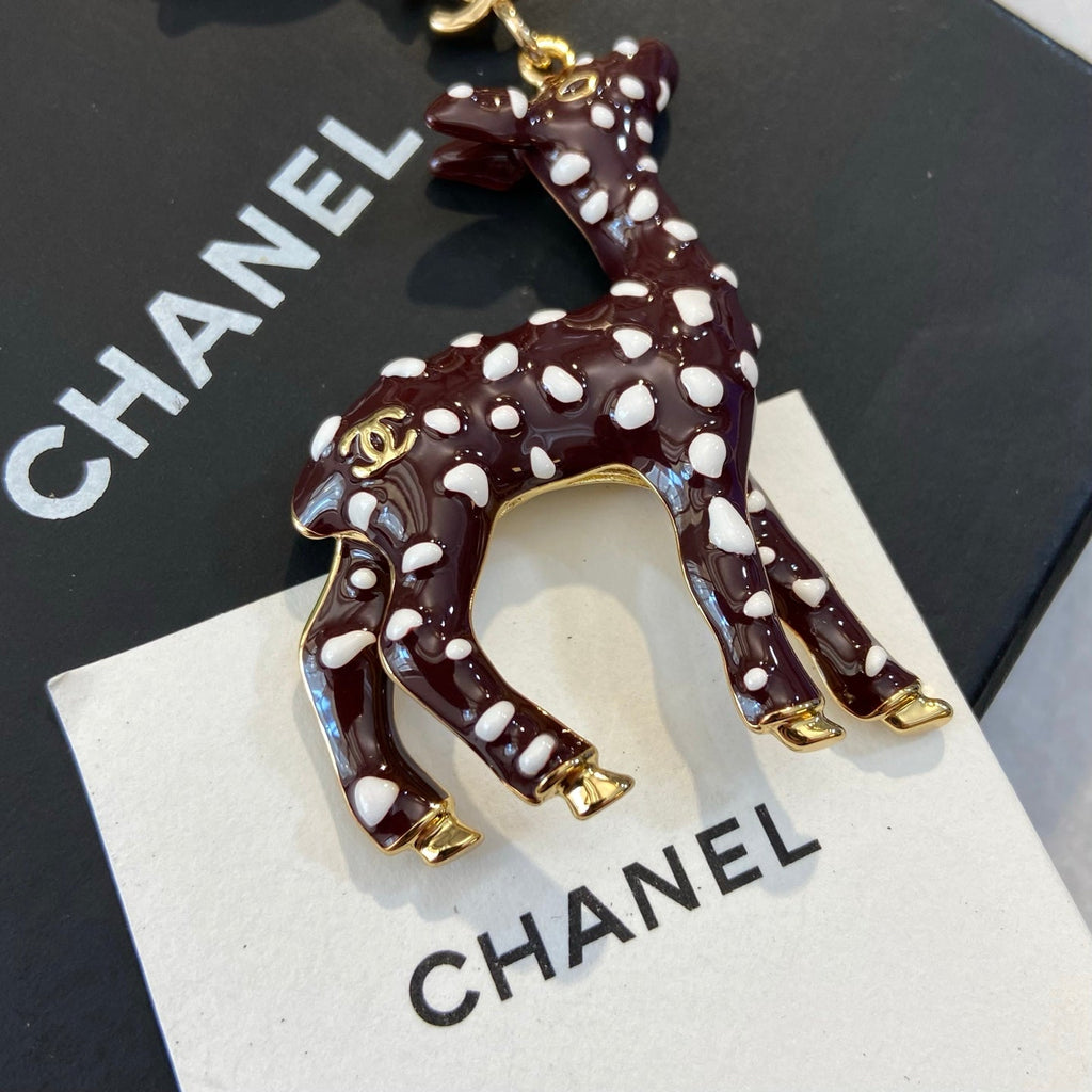 CHANEL Enamel Gold-Tone Vintage Deer Brooch