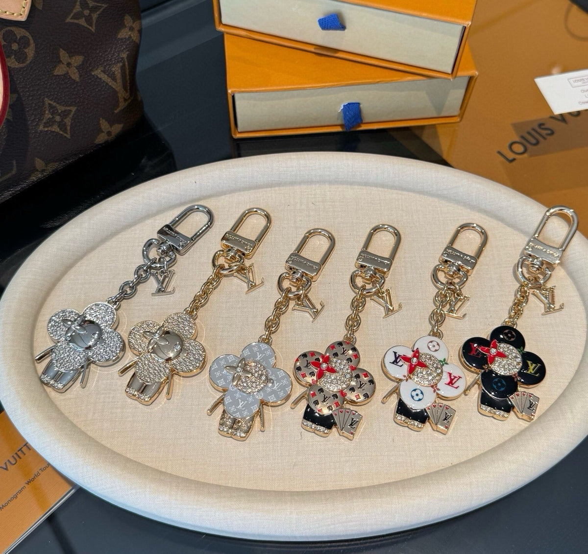 LOUIS VUITTON Canvas Flower Bag Charm Keychain