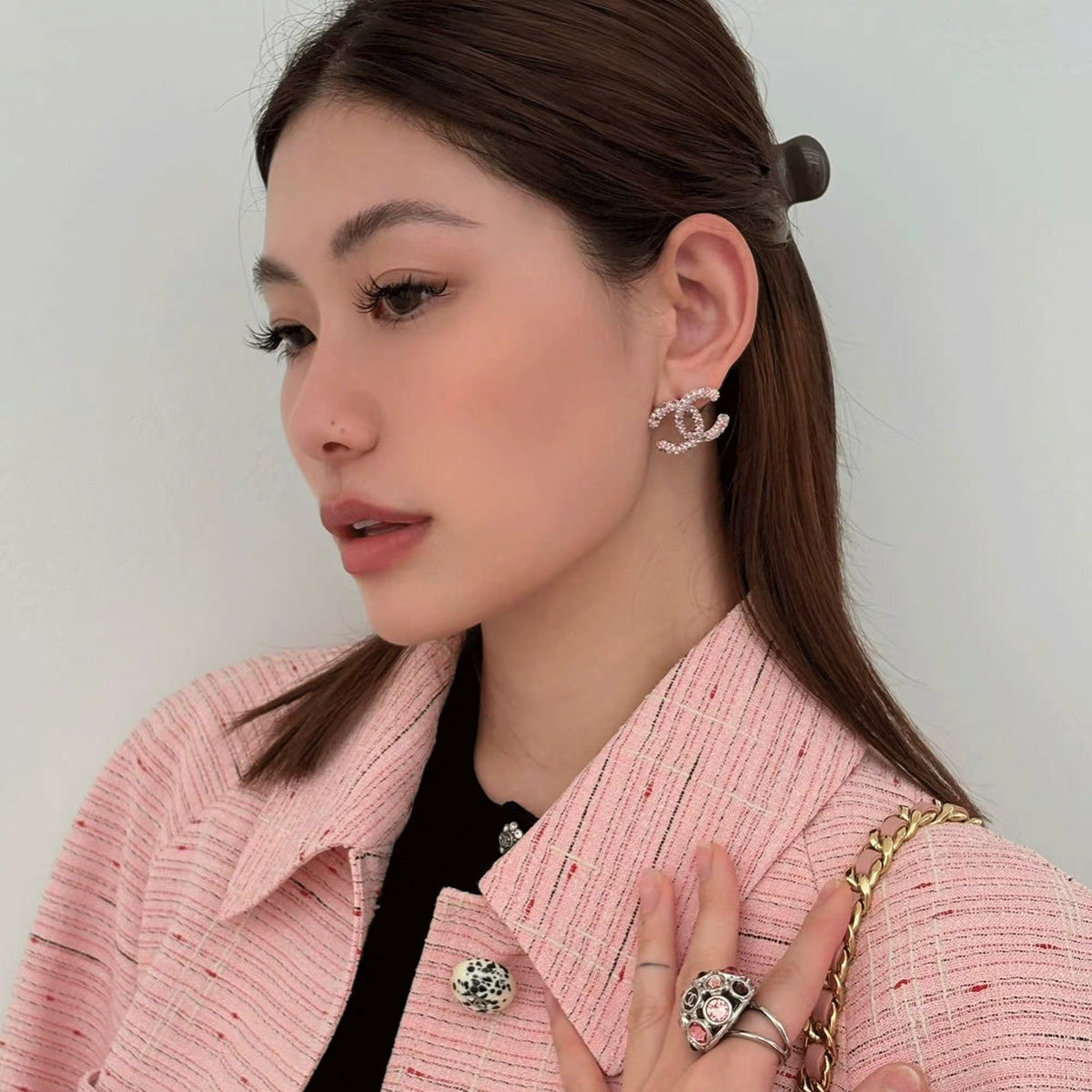 CHANEL Silver-Tone Black Green Earrings
