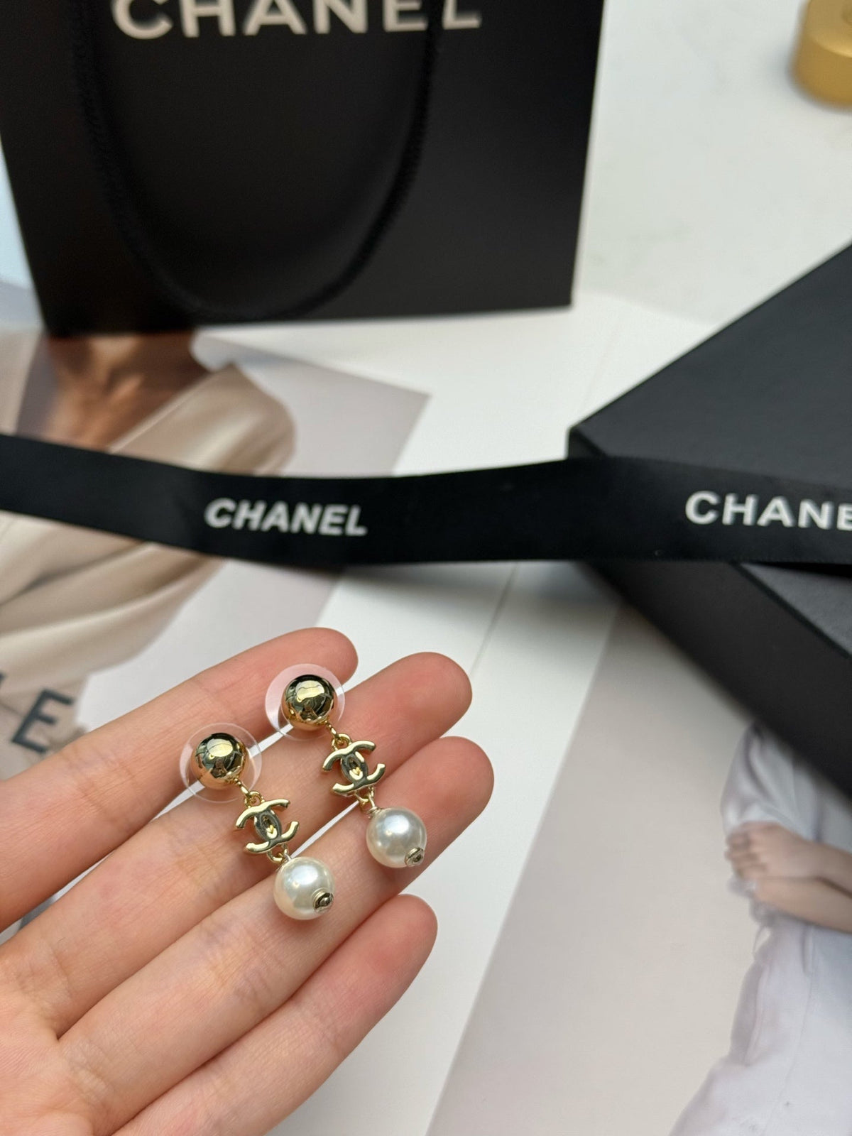 CHANEL Pearl Gold-Tone Earrings