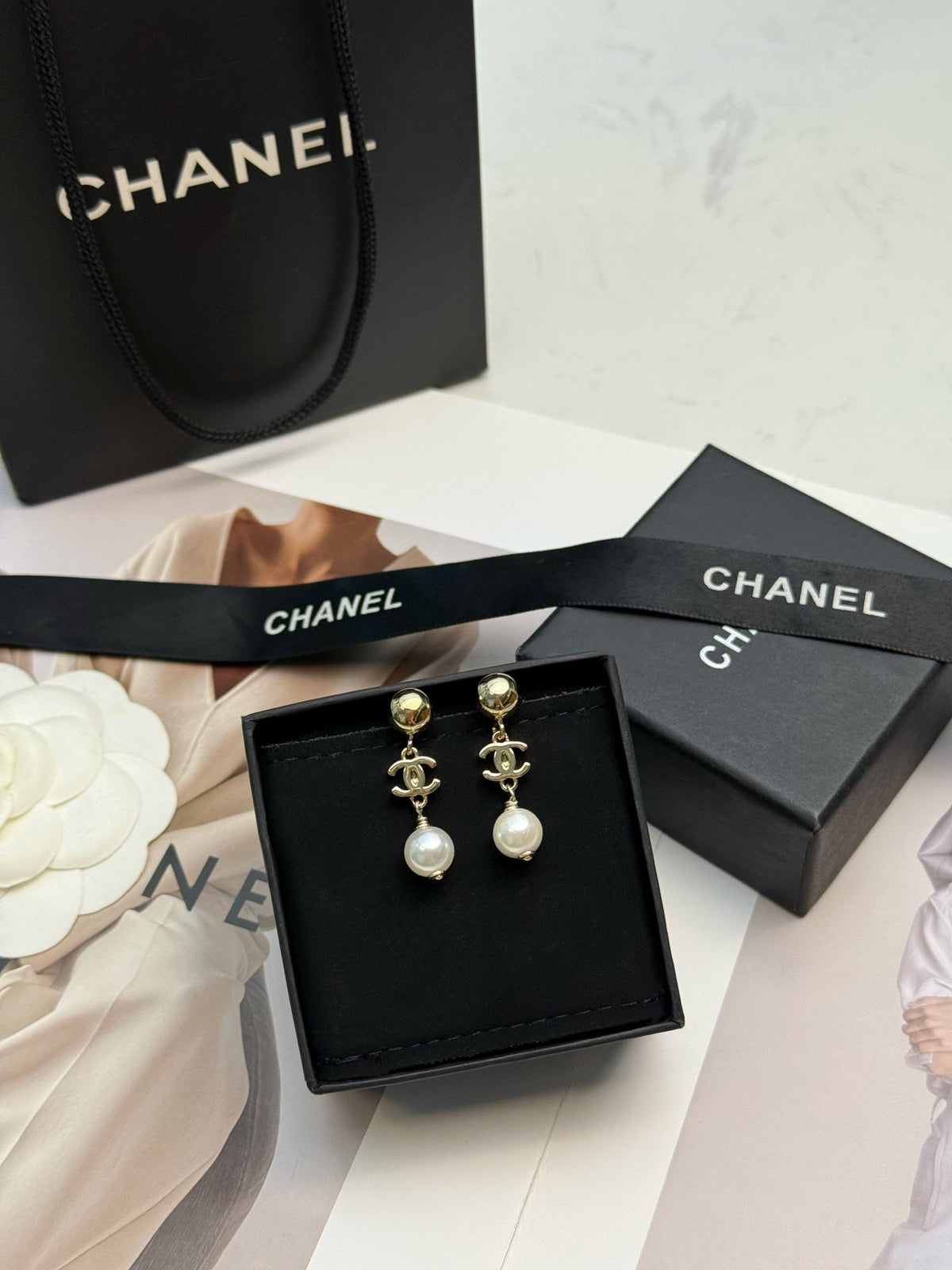 CHANEL Pearl Gold-Tone Earrings