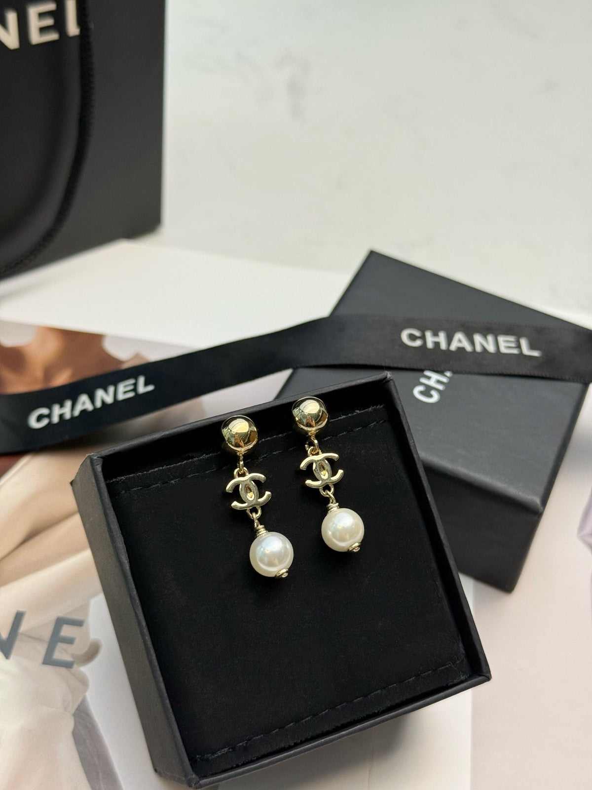 CHANEL Pearl Gold-Tone Earrings