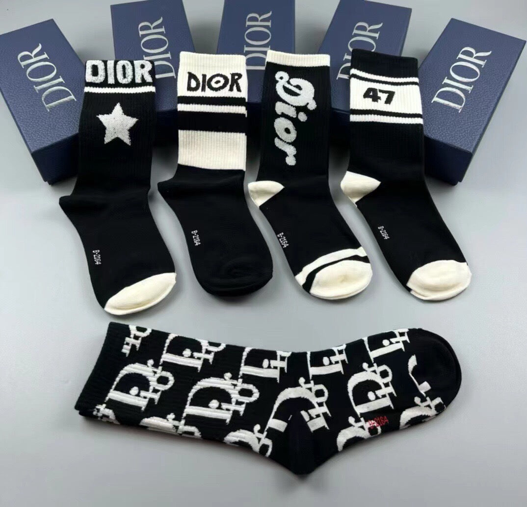 Dior Cotton Crew Socks – 5-Pair Set #002