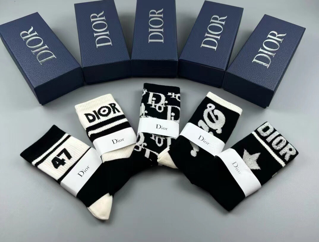Dior Cotton Crew Socks – 5-Pair Set #002