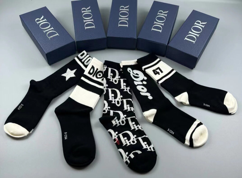 Dior Cotton Crew Socks – 5-Pair Set #002