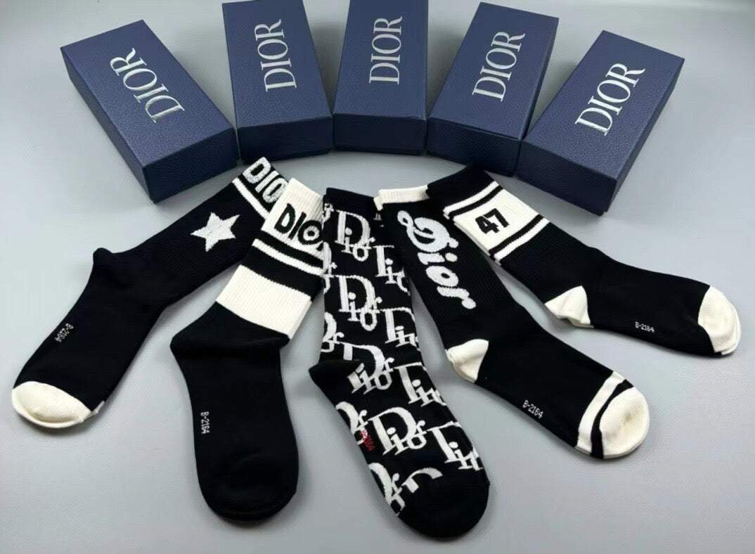 Dior Cotton Crew Socks – 5-Pair Set #002