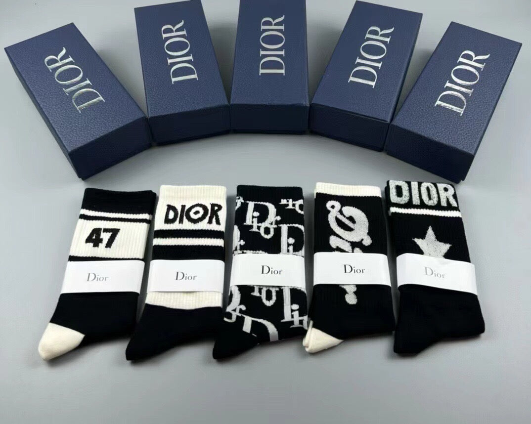 Dior Cotton Crew Socks – 5-Pair Set #002