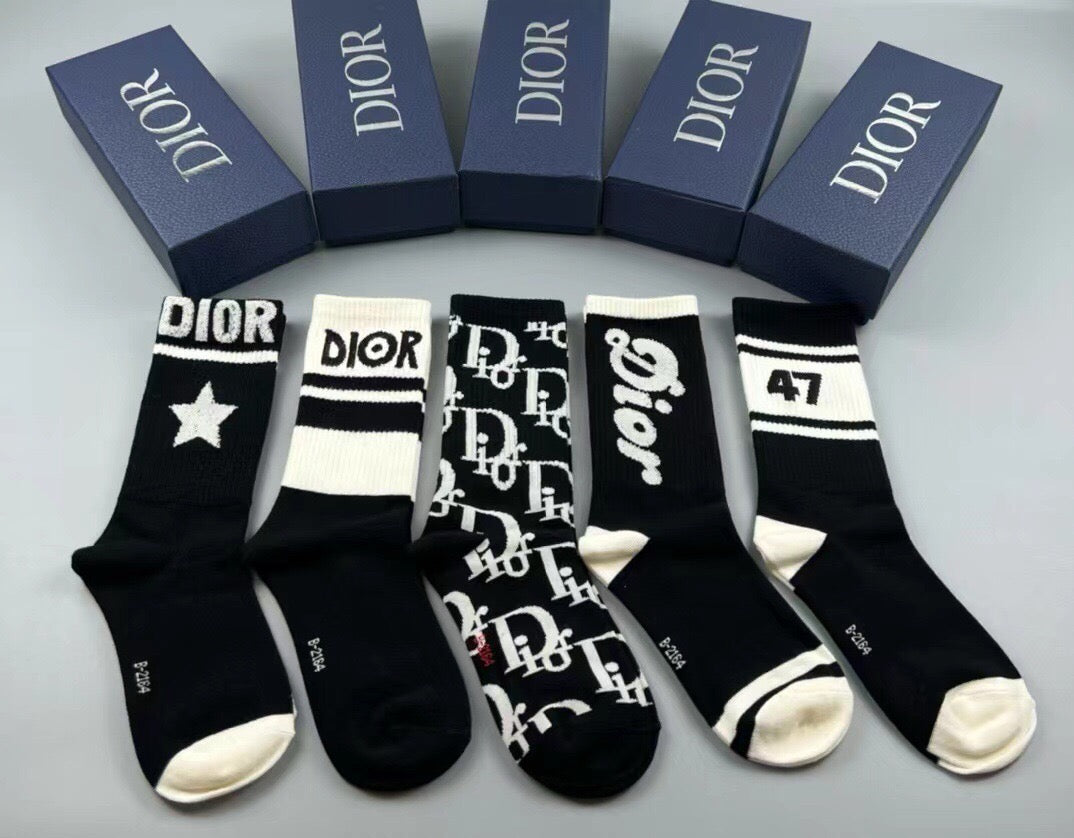 Dior Cotton Crew Socks – 5-Pair Set #002