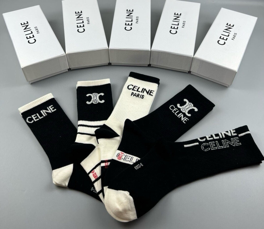 Celine Cotton Crew Socks – 5-Pair Set #001