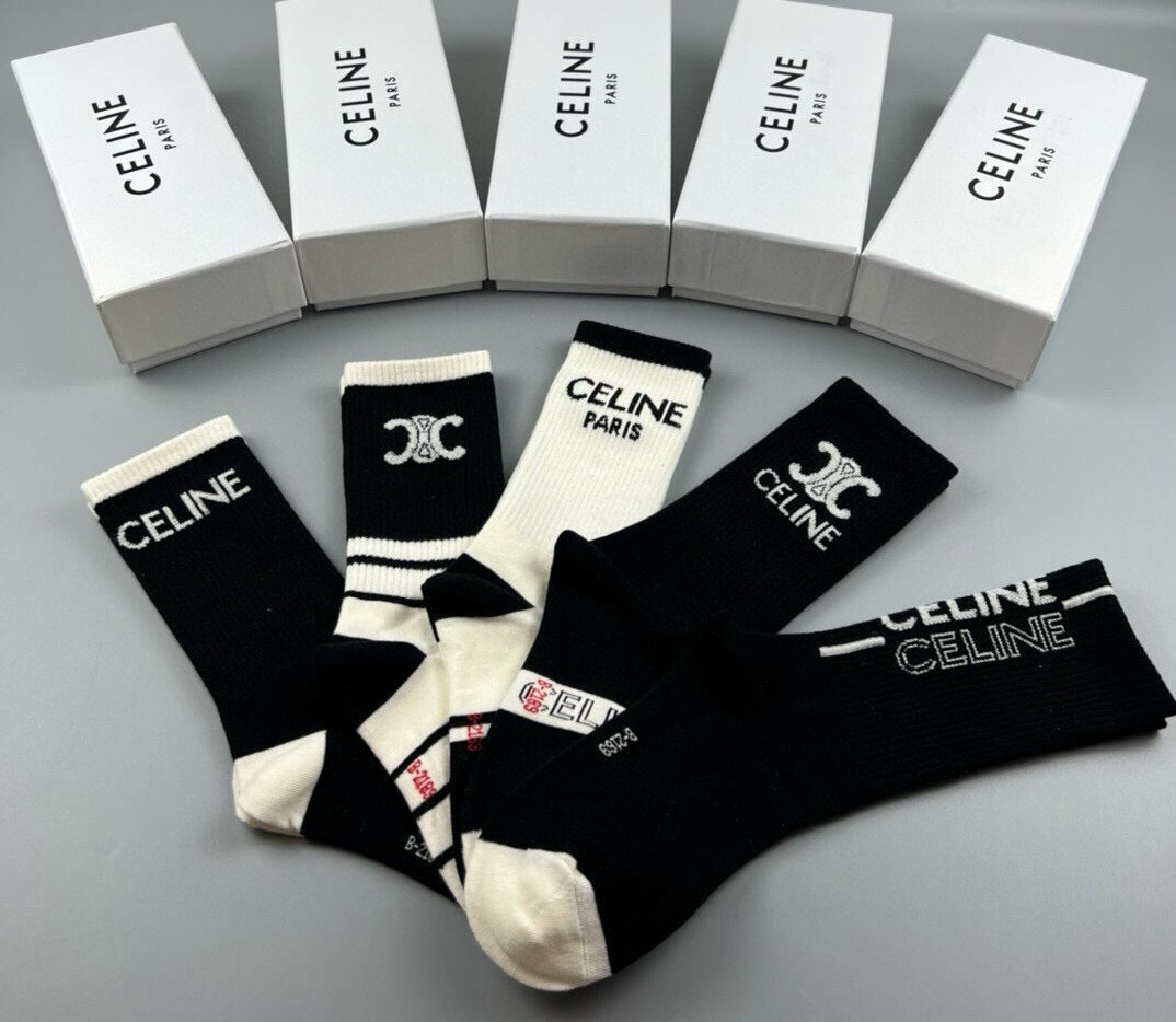 Celine Cotton Crew Socks – 5-Pair Set #001