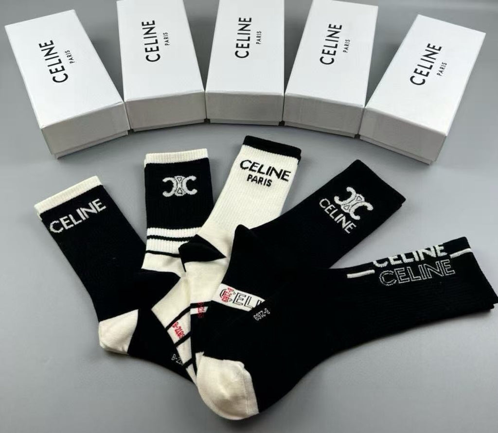 Celine Cotton Crew Socks – 5-Pair Set #001