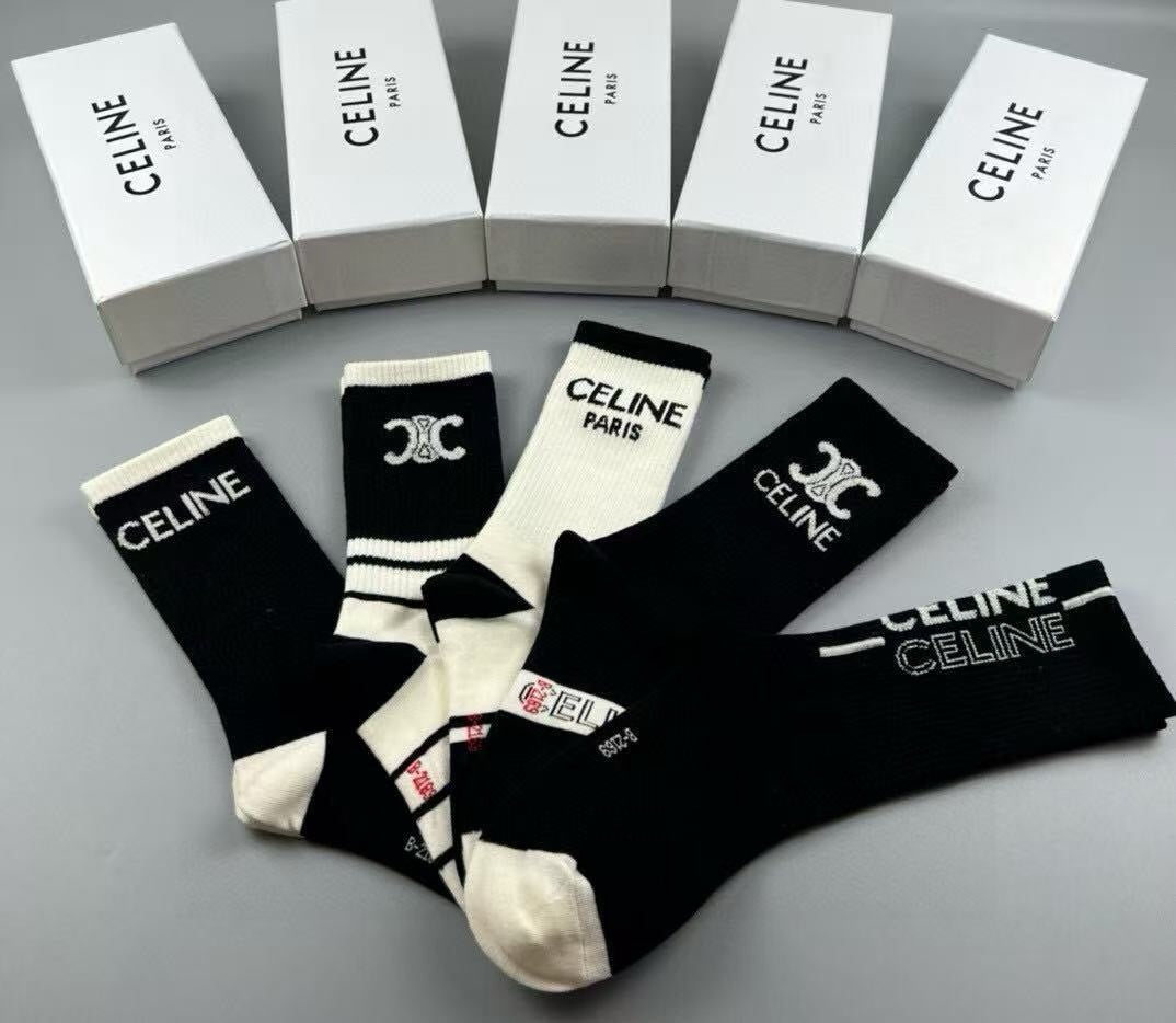 Celine Cotton Crew Socks – 5-Pair Set #001