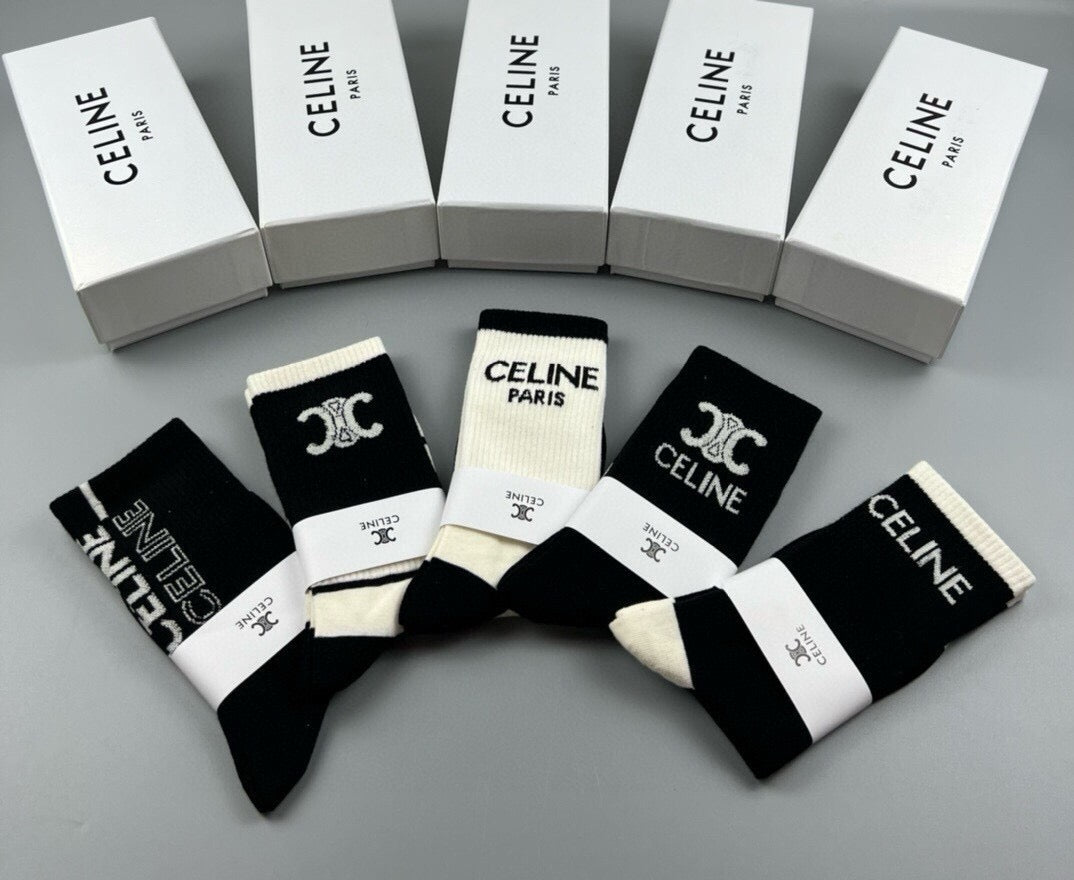 Celine Cotton Crew Socks – 5-Pair Set #001
