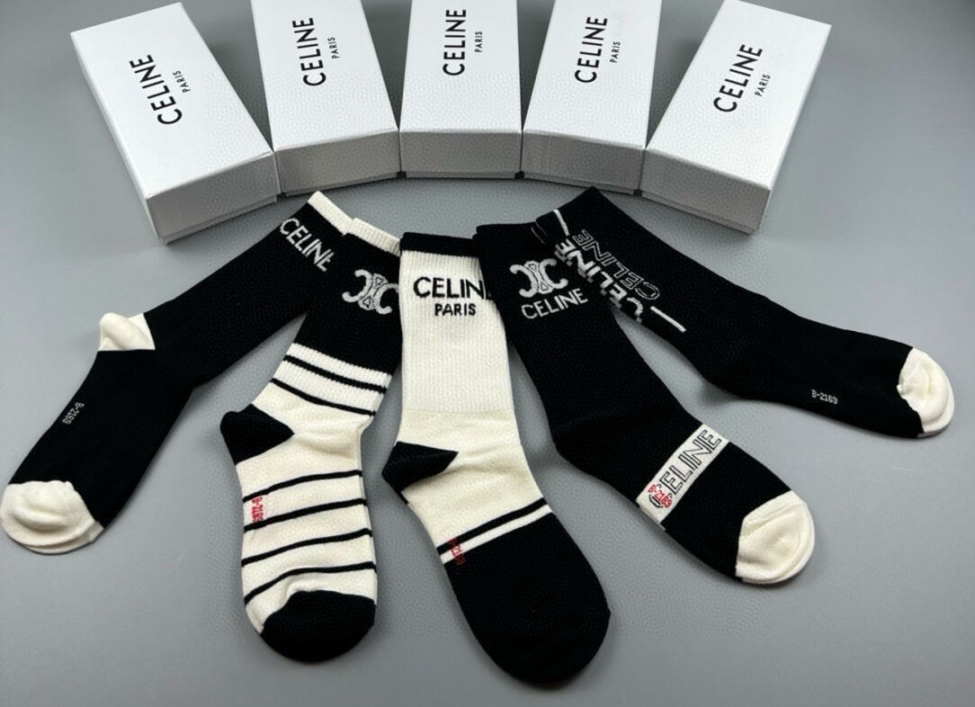 Celine Cotton Crew Socks – 5-Pair Set #001