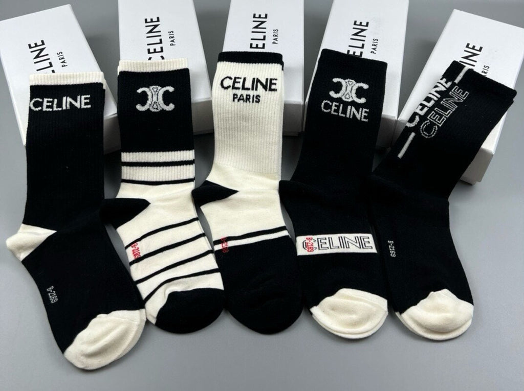 Celine Cotton Crew Socks – 5-Pair Set #001
