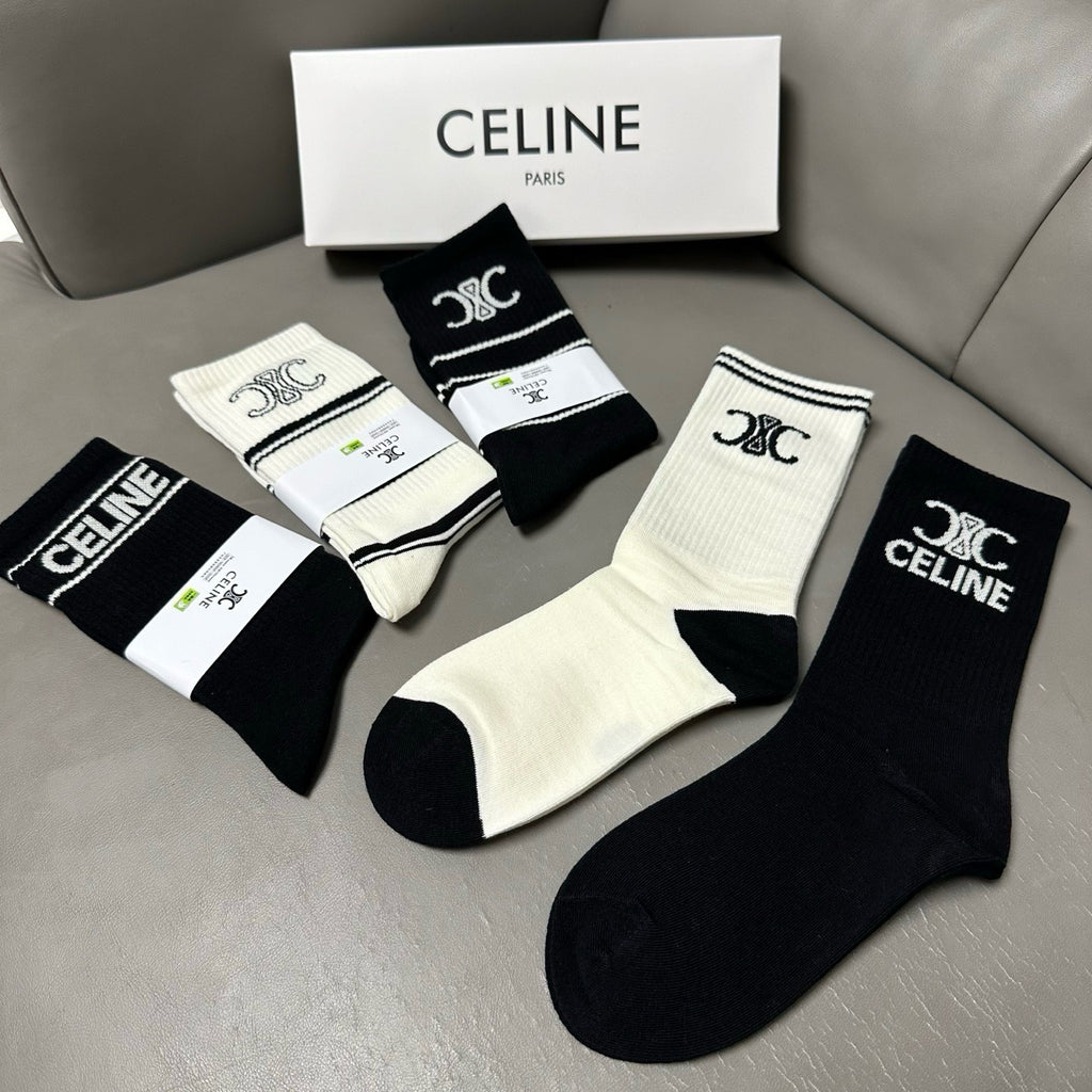 Celine Cotton Knee-High Socks – 5-Pair Set #002