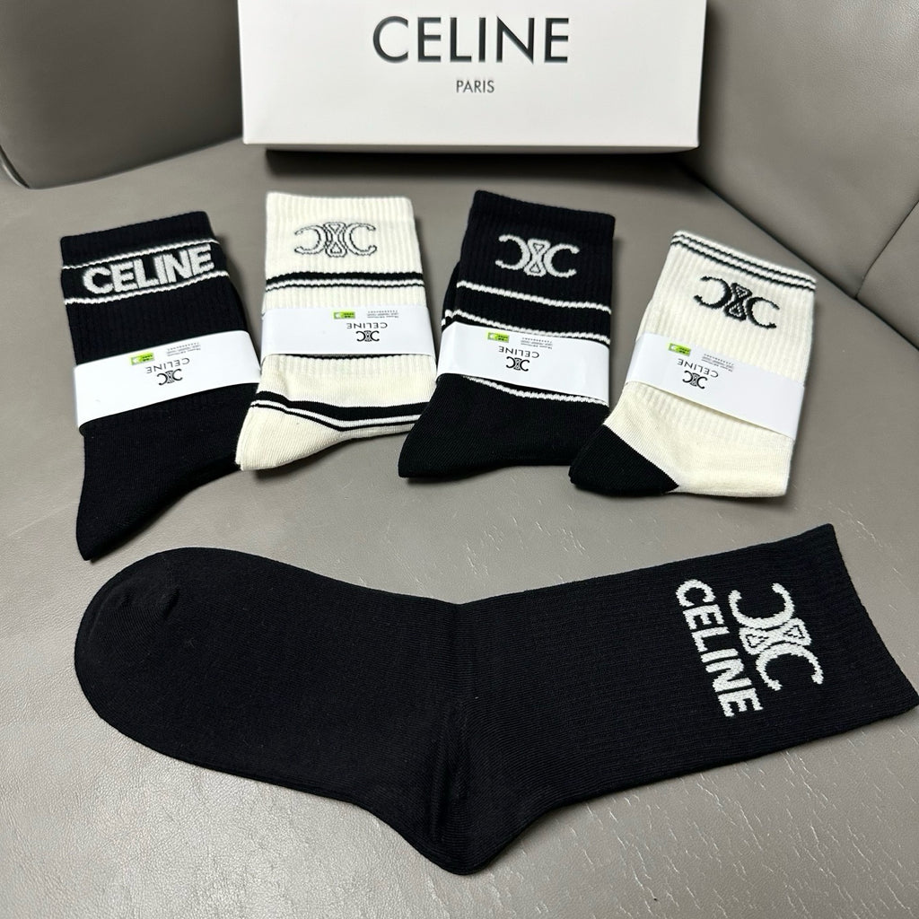 Celine Cotton Knee-High Socks – 5-Pair Set #002