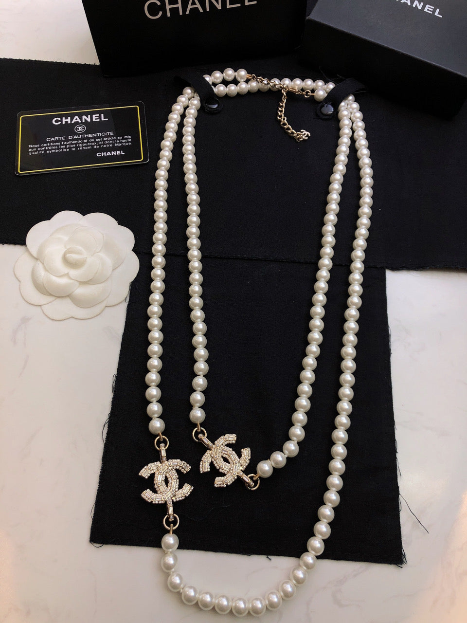 CHANEL Pearl Crystal Double-C Long Necklace